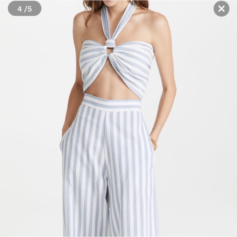Just Bee Queen Linen Tie Halter Blue and White Crop Carolina Top | NWOT Size S